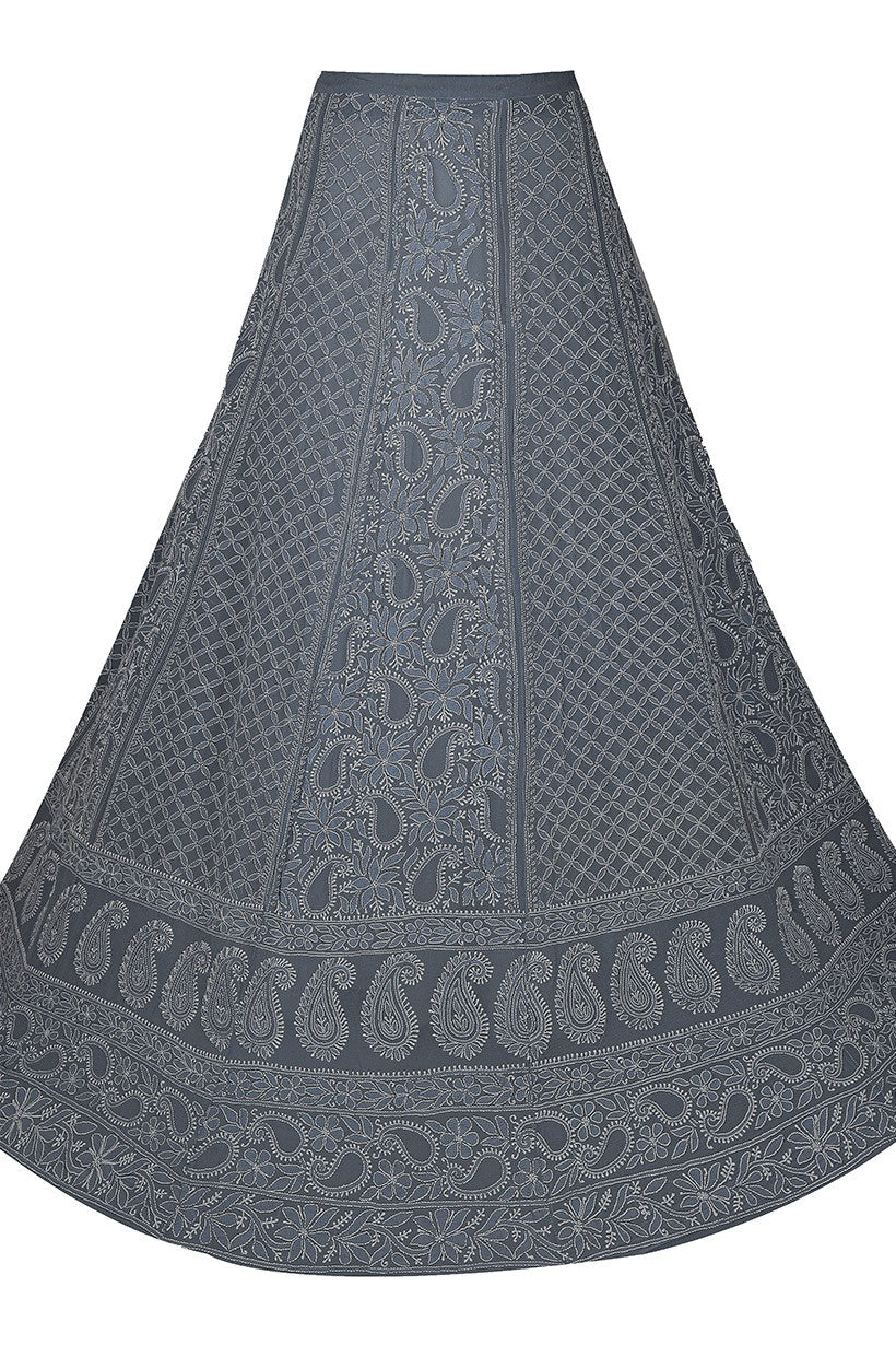 Ada Hand Embroidered Grey Pure Georgette Lucknowi Chikankari Lehenga Skirt (only skirt) With Muqaish Work A501263