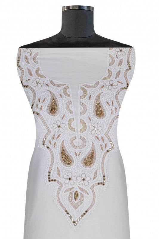 Ada Hand Embroidered White Chanderi Lucknowi Chikan Unstitched Kurta Piece-A485138