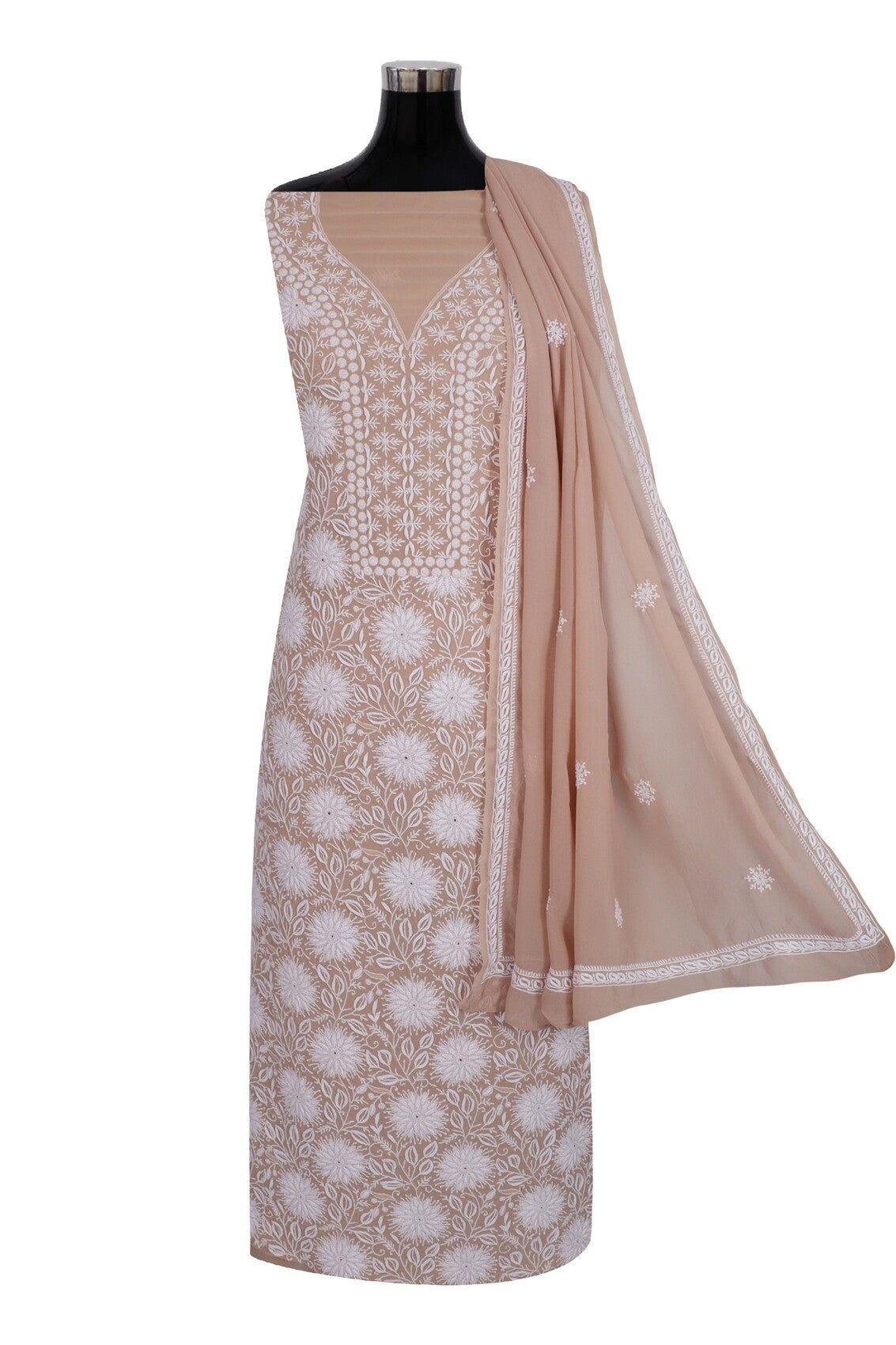 Ada Hand Embroidered Fawn Pure Georgette Lucknowi Chikankari Unstitched Kurta Dupatta Set A198254