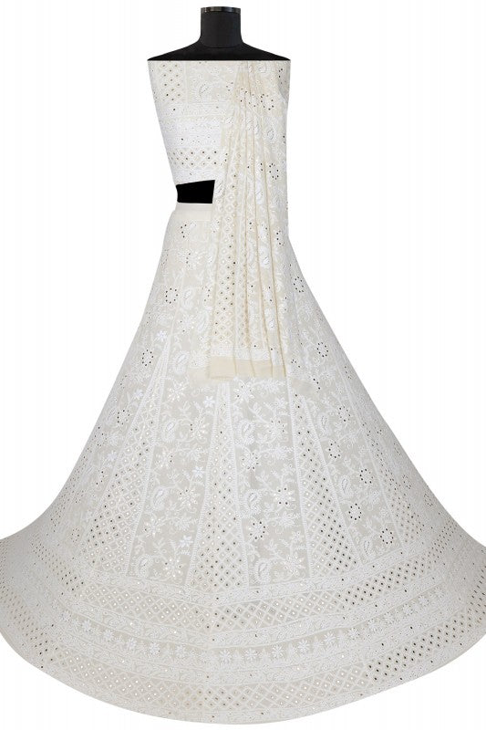 Ada Hand Embroidered White Pure Georgette Lucknowi Chikankari Lehenga Set with Muqaish Work A454707