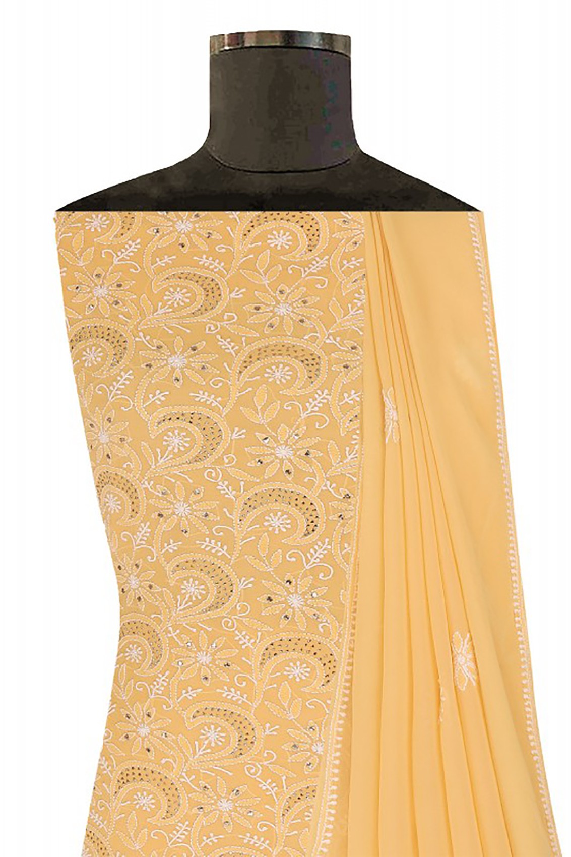 Ada Hand Embroidered Yellow Pure Georgette Lucknowi Chikankari Unstitched Kurta Dupatta Set With Muqaish Work A608024