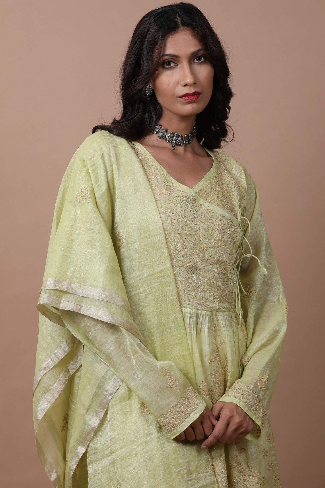 Ada Hand Embroidered Lime Green Tissue Lucknowi Chikankari Semi-stitched Kurta Dupatta Set With Muqaish Work 01A238364