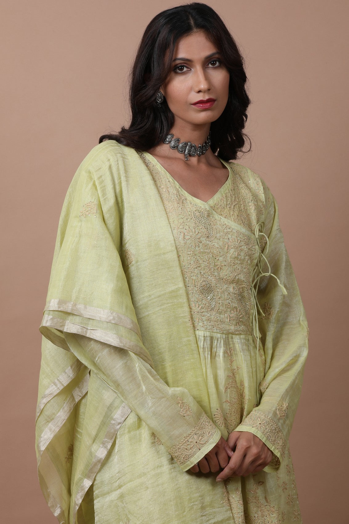Ada Hand Embroidered Lime Green Tissue Lucknowi Chikankari Semi-stitched Kurta Dupatta Set With Muqaish Work 01A238364