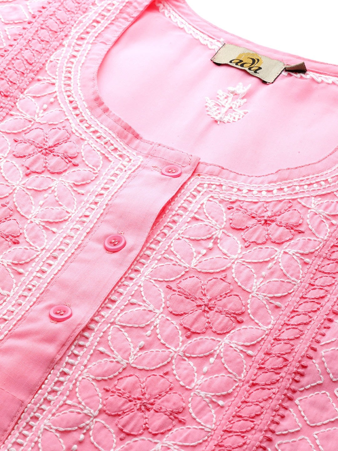 Ada Hand Embroidered Dark Pink Cotton Lucknowi Chikankari Straight Kurti A911242