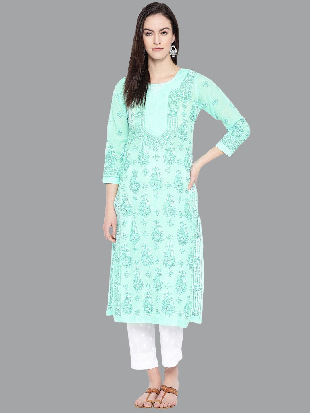Ada Hand Embroidered Sea Green Cotton Lucknowi Chikankari Kurta with Palazzo Set A100217
