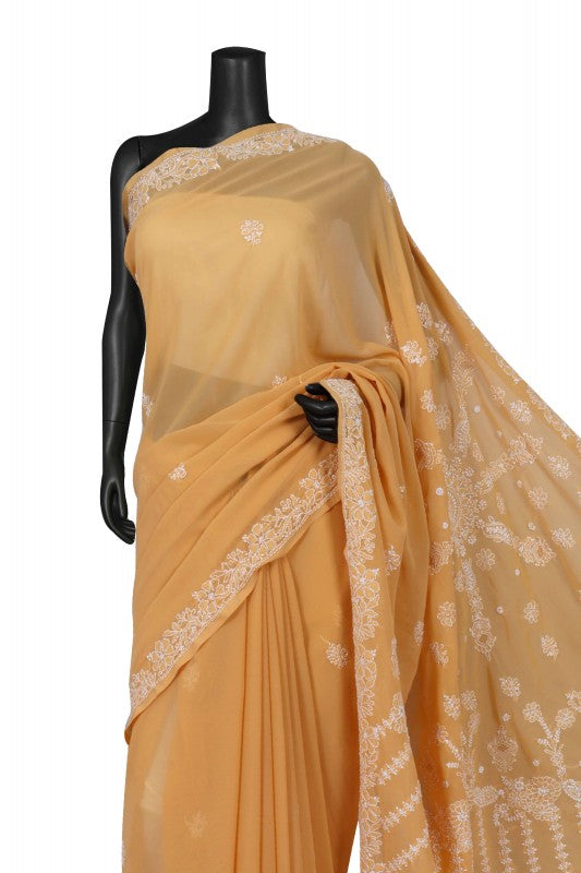 Ada Hand Embroidered Fawn Georgette Lucknowi Chikankari Saree With Blouse A267733