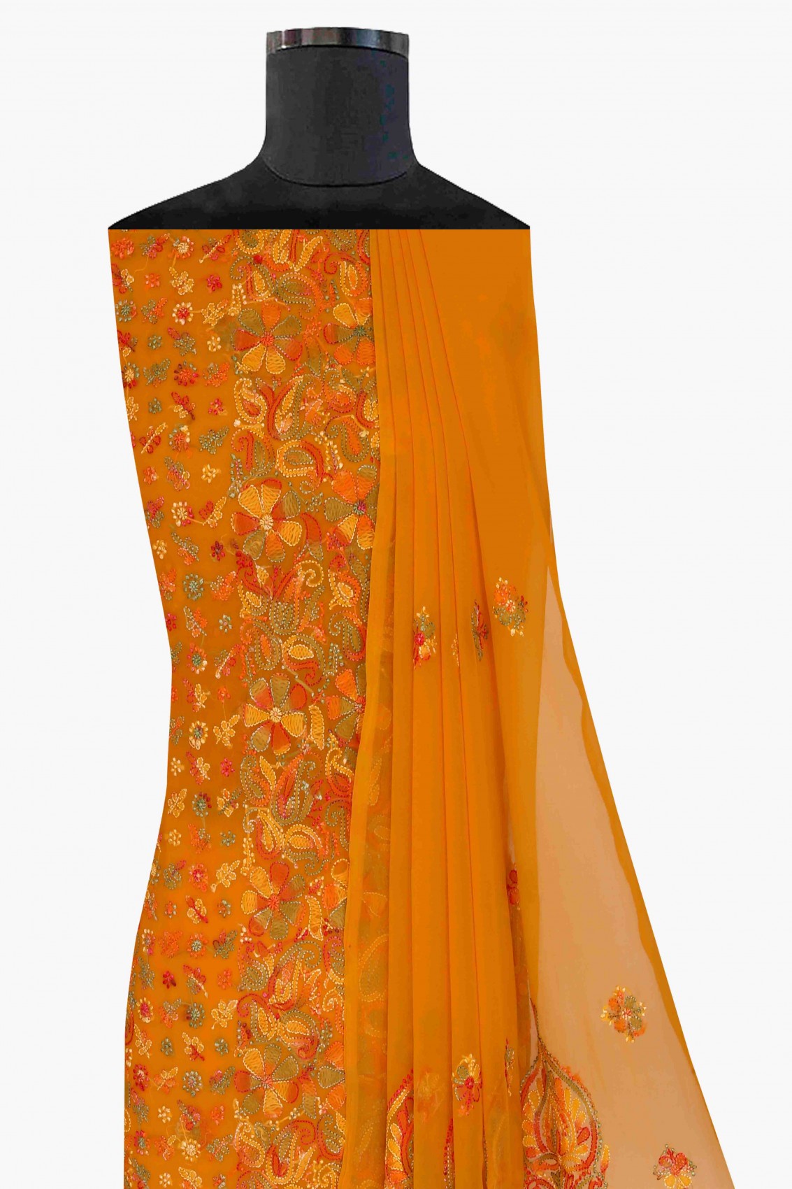 Ada Hand Embroidered Mustard Georgette Lucknowi Chikankari Unstitched Suit Piece A211172
