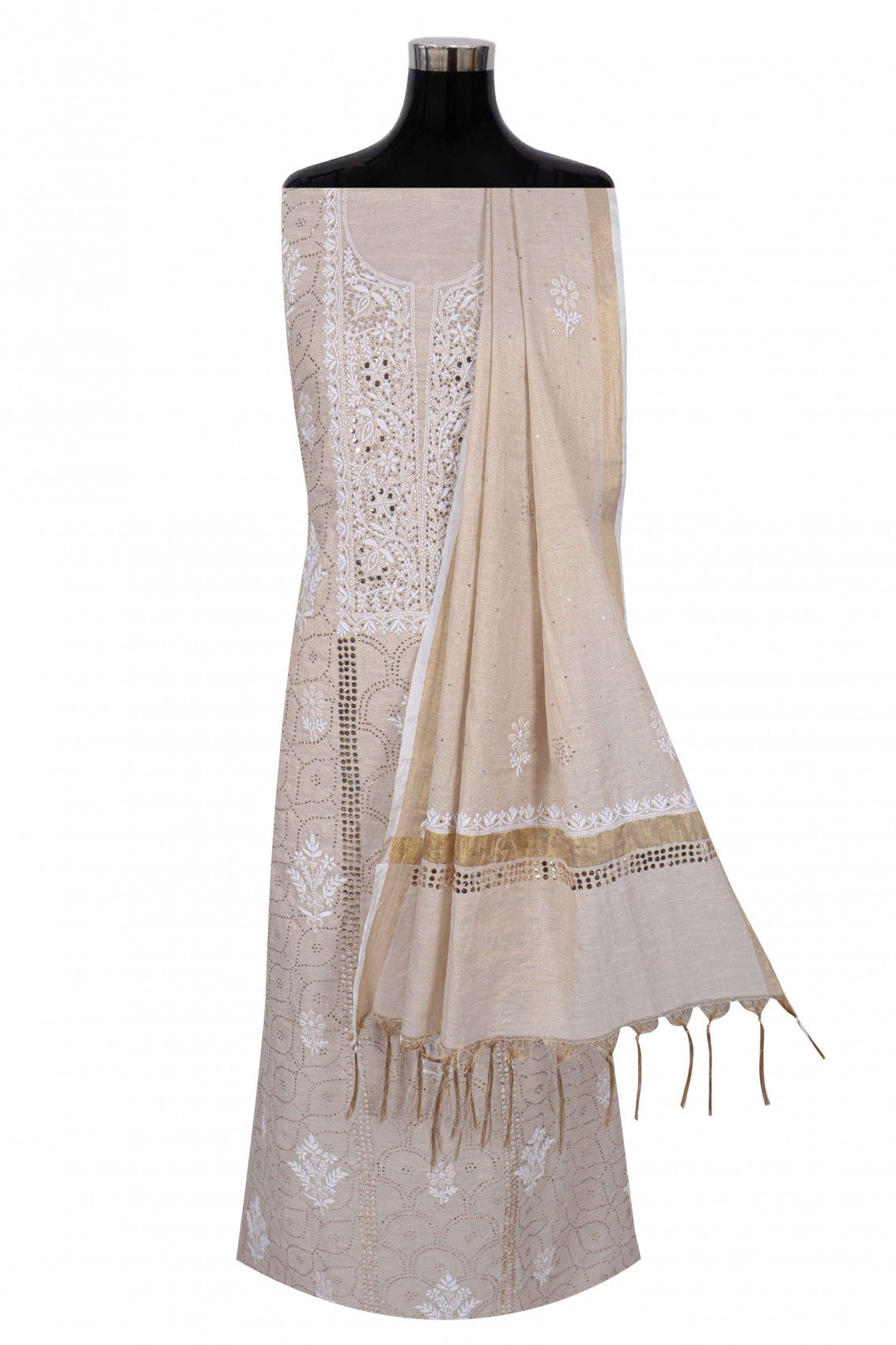 Ada Hand Embroidered Natural Fawn Tissue Lucknowi Chikankari Unstitched Kurta Dupatta Set With Muqaish Work 01A169987