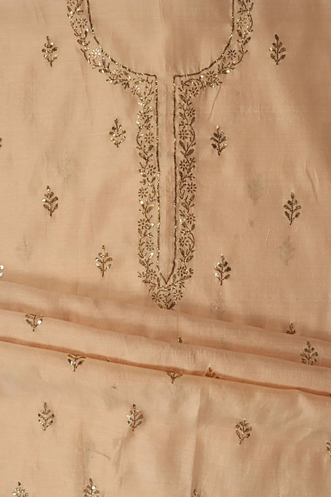 Ada Hand Embroidered Fawn Chanderi Lucknowi Chikankari Unstitched Suit Piece With Gota Patti Work A507952
