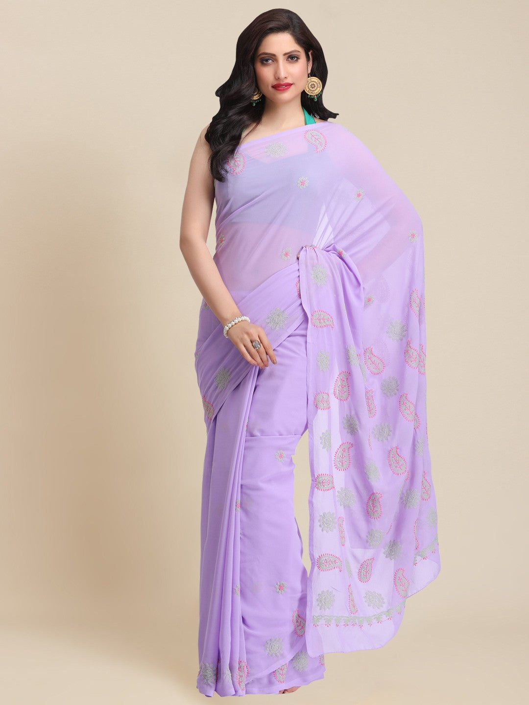 Ada Hand Embroidered Mauve Georgette Lucknowi Chikankari Saree with Blouse A159302