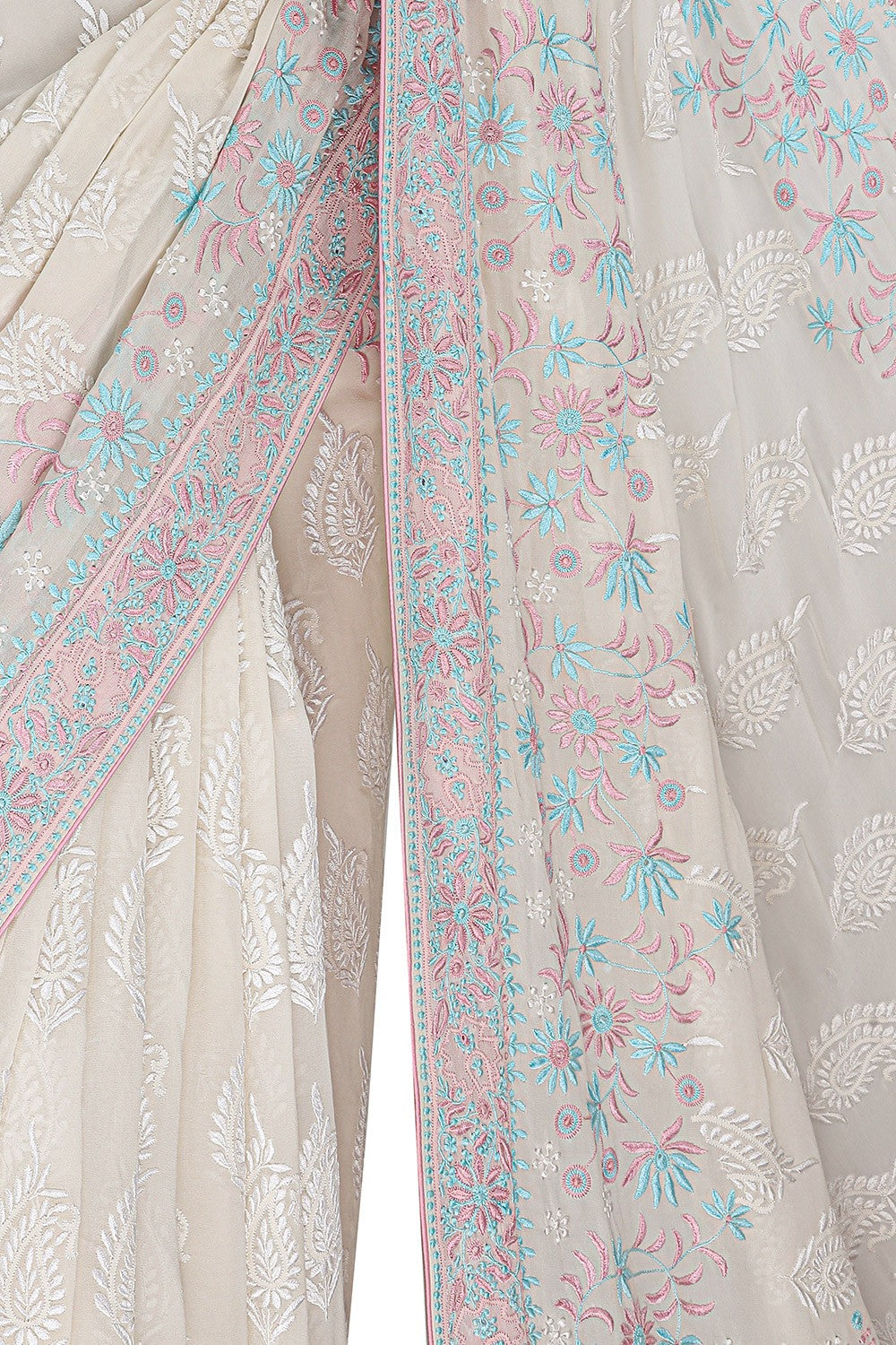 Ada Hand Embroidered White Pure Georgette Lucknowi Chikankari Saree with Blouse A51513