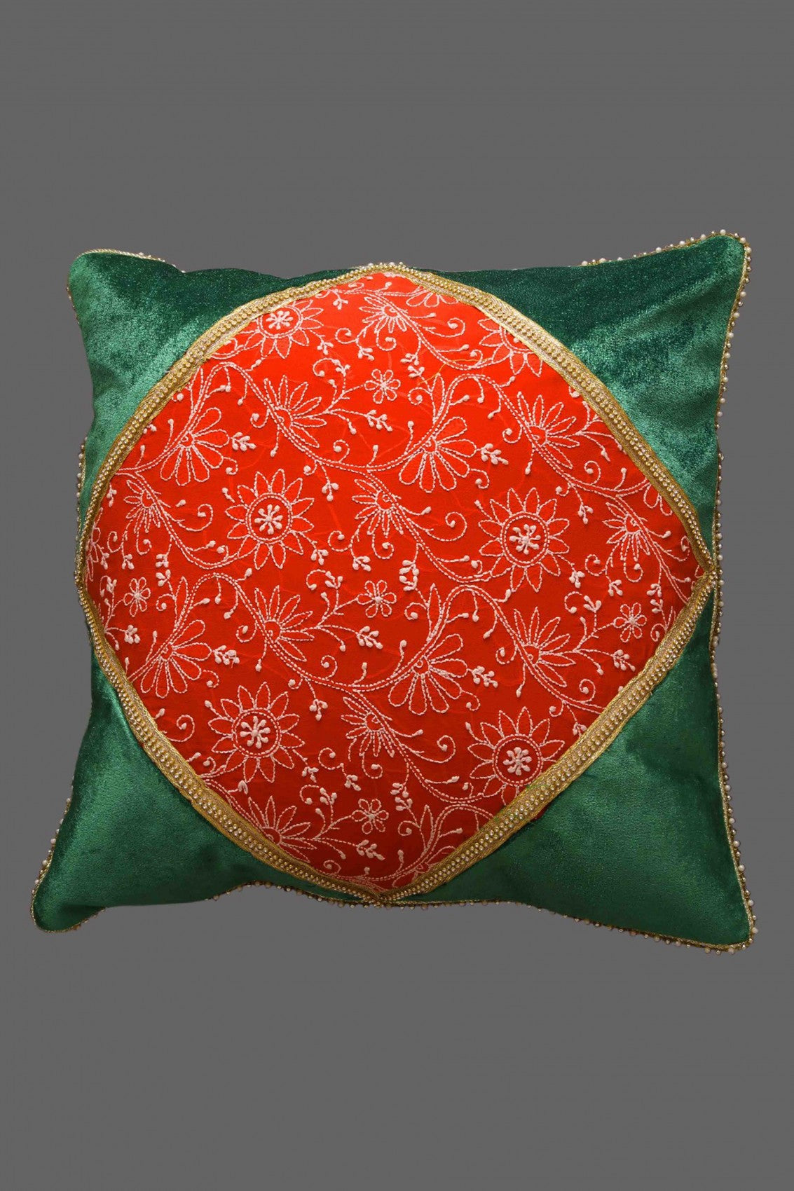 Ada Hand Embroidered Green/Red Pure Georgette Lucknowi Chikankari Cushion Cover Set Of 2 A333824