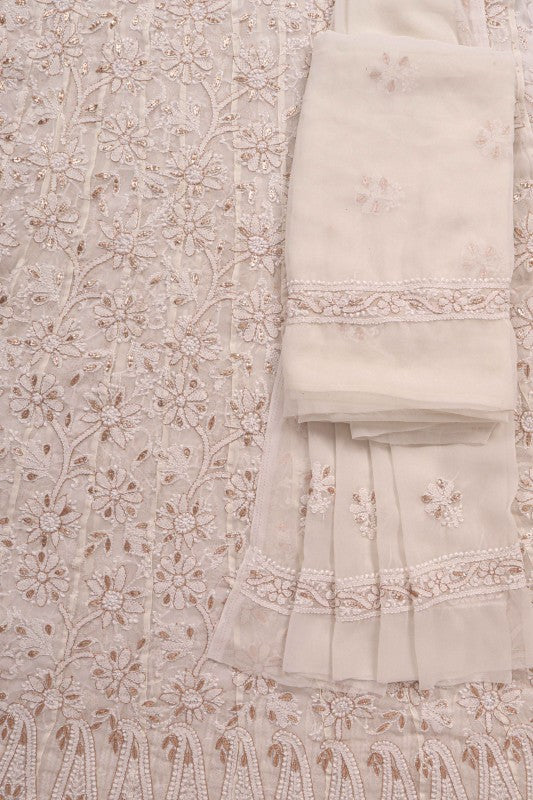 Ada Hand Embroidered White Georgette Lucknowi Chikan Unstitched Anarkali Set with Gota Patti Work A376108