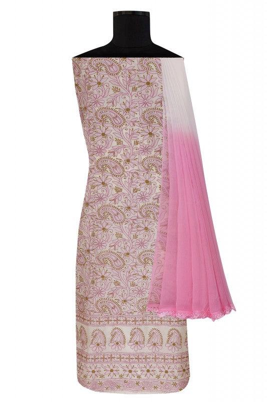 Ada Hand Embroidered Natural Cream Tusser Silk Lucknowi Chikan Unstitched Suit Piece- A609356