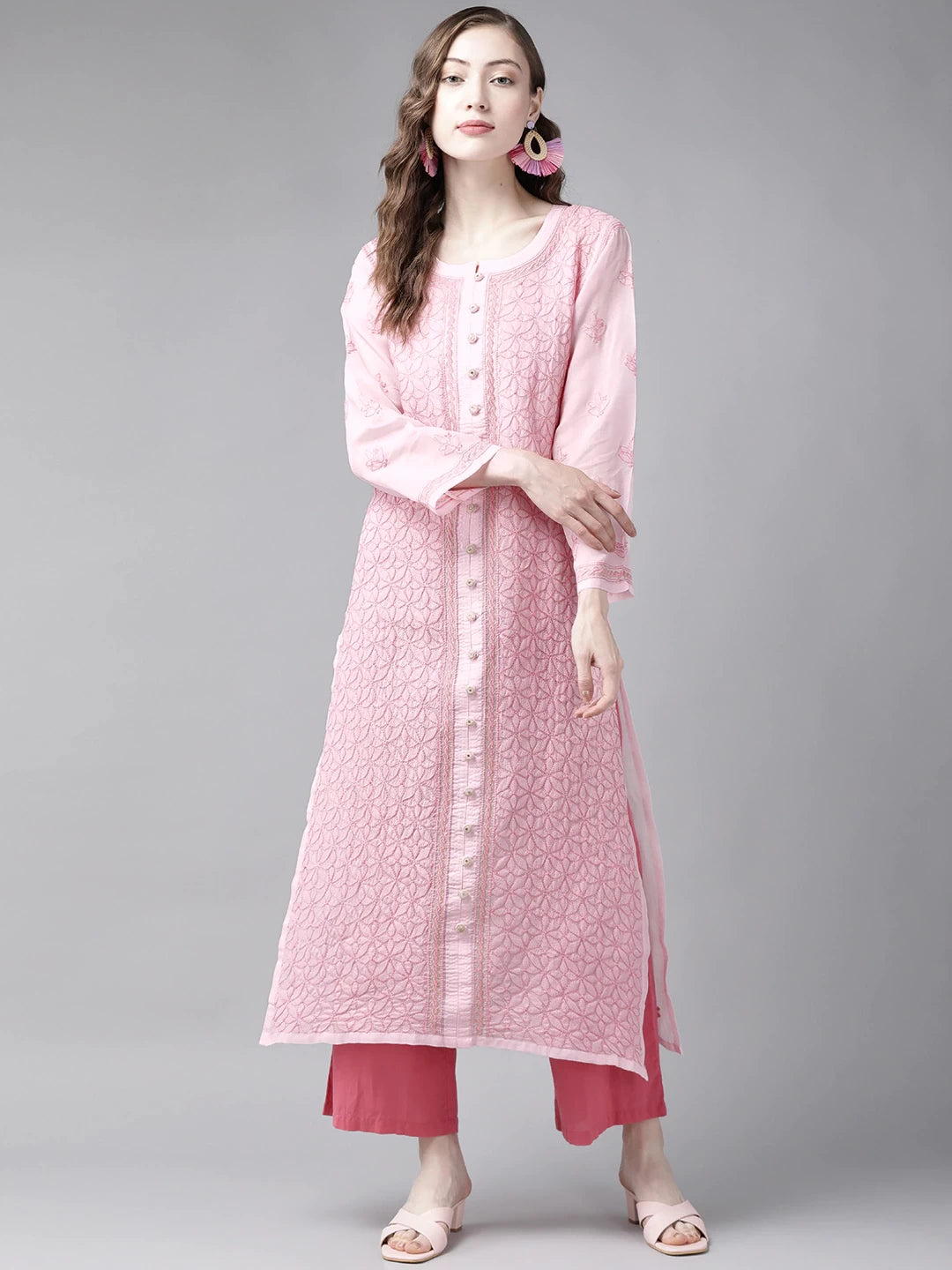 Ada Hand Embroidered Pink Cotton Lucknow Chikan Kurta A411244
