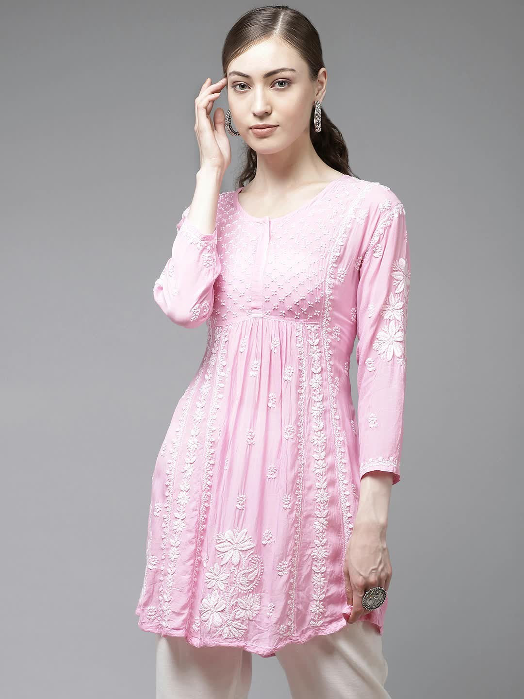 Ada Hand Embroidered Pink Muslin Lucknow Chikan Kurti-A911130