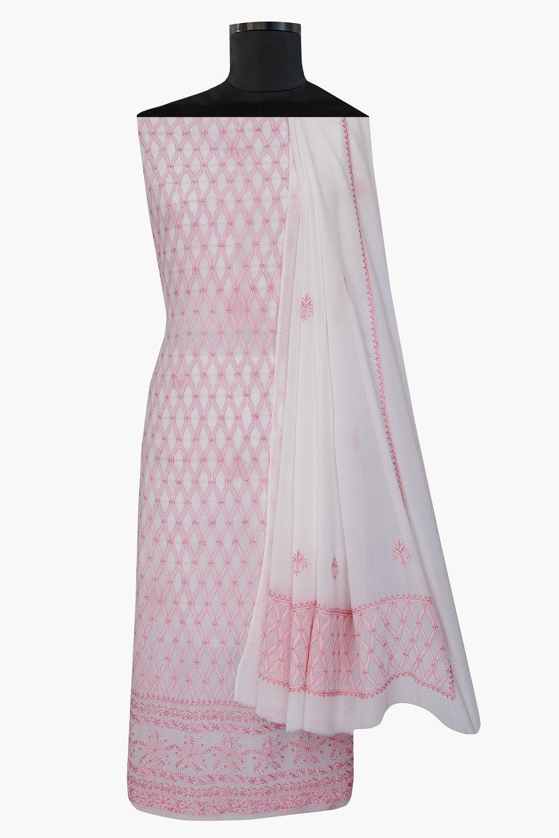 Ada Hand Embroidered White Pure Georgette Lucknowi Chikan Unstitched Kurta Dupatta Set A457085