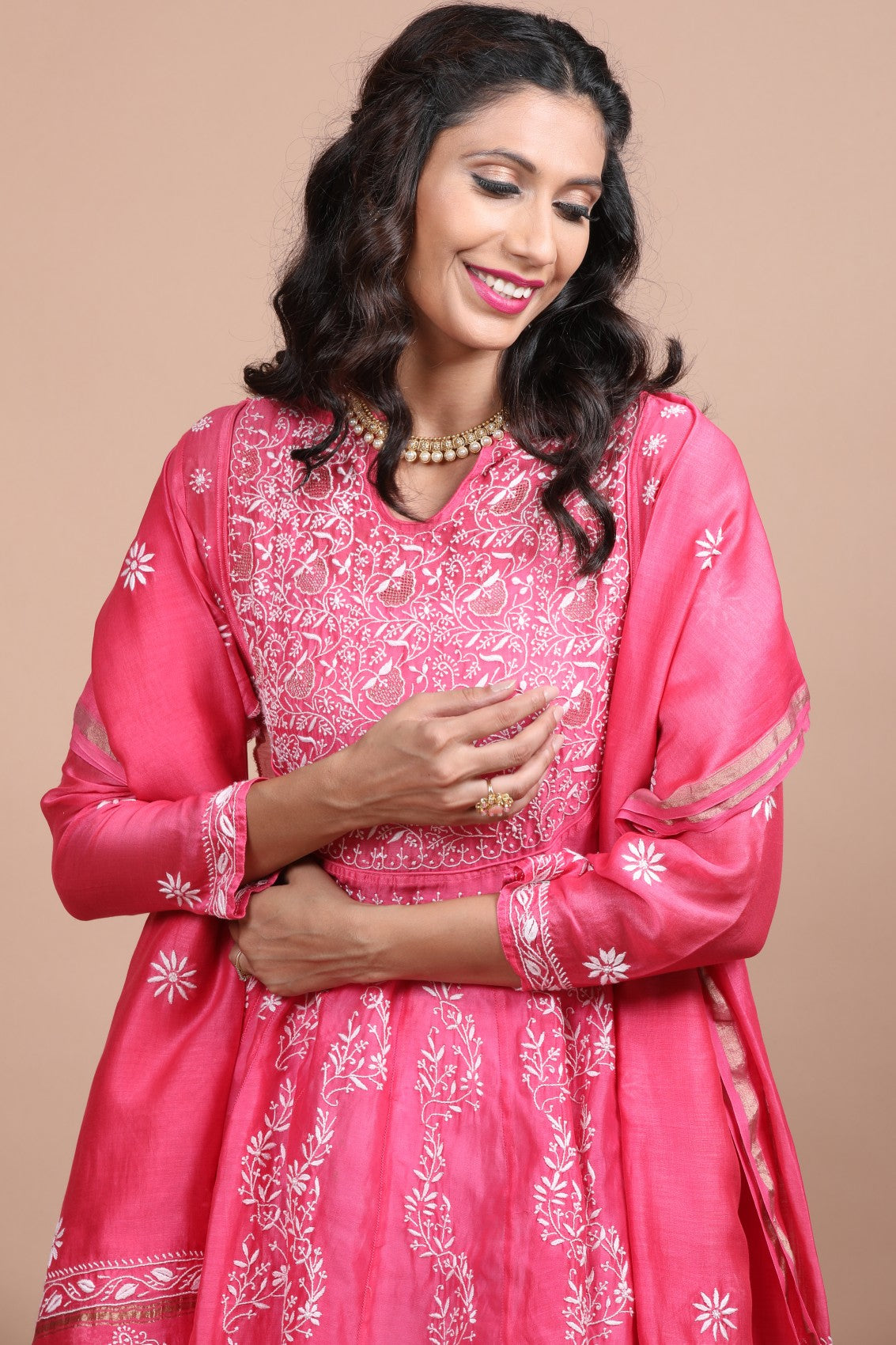 Ada Hand Embroidered Onion Pink Chanderi Lucknowi Chikankari Semi-Stitched Anarkali Kurta Dupatta Set With Zari Work 01A205812