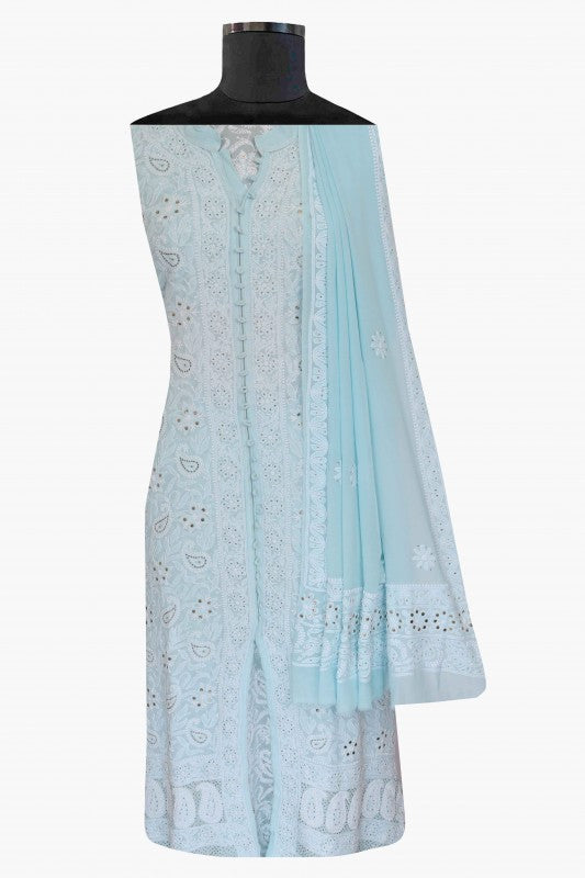 Ada Hand Embroidered Light Blue Pure Georgette Lucknowi Chikankari Semi-stitched Suit Piece Muqaish Work-A431436