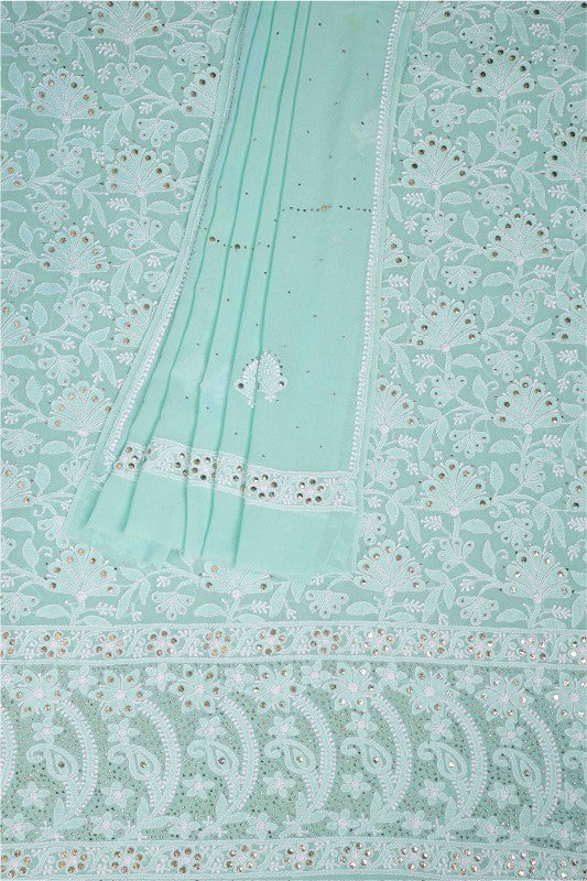 Ada Hand Embroidered Sea Green Pure Georgette Lucknowi Chikan Unstitched Kurta Dupatta With Muqaish Work–A594269
