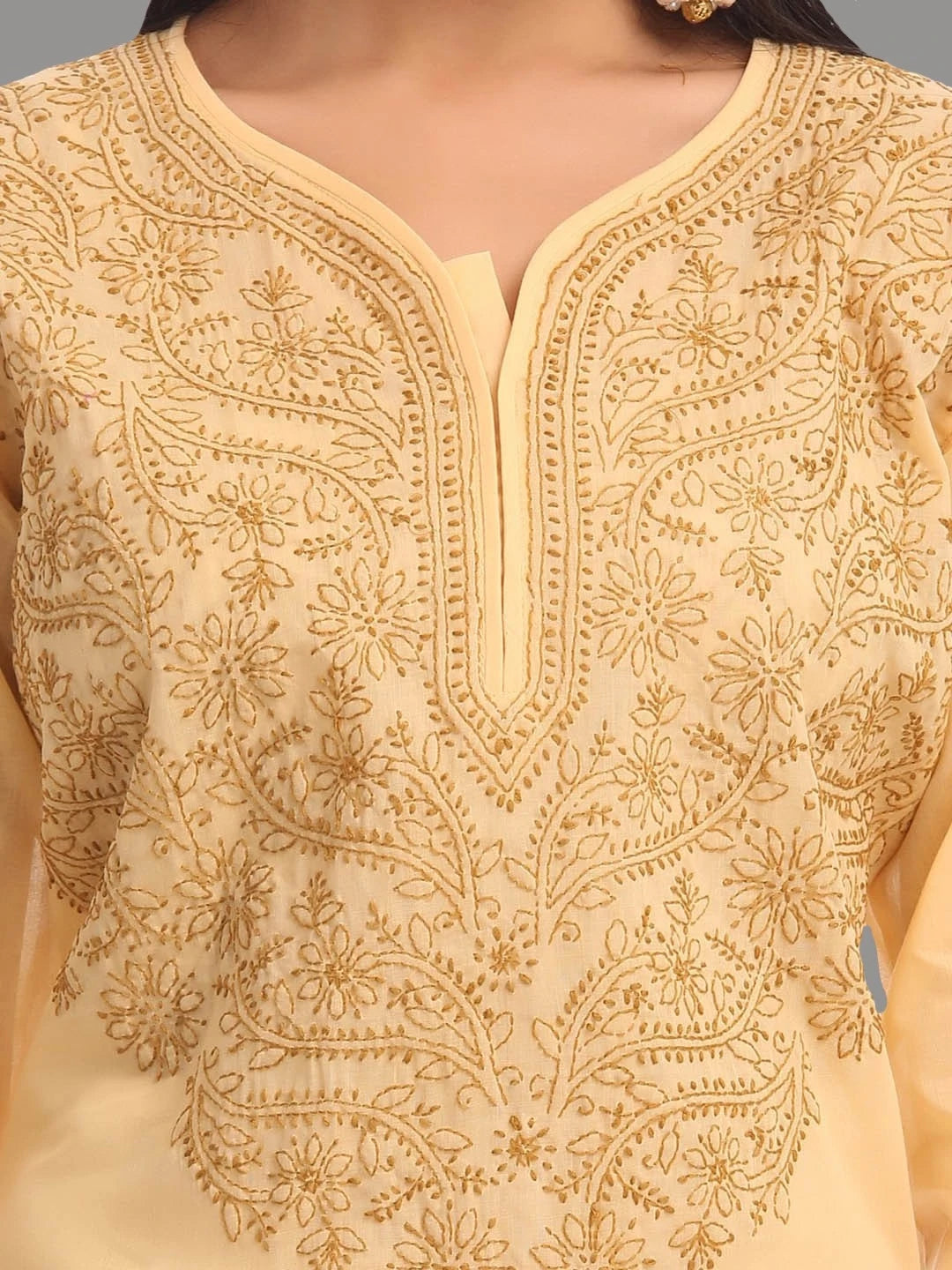 Ada Hand Embroidered Fawn Cotton Lucknowi Chikankari Straight Kurta A227141