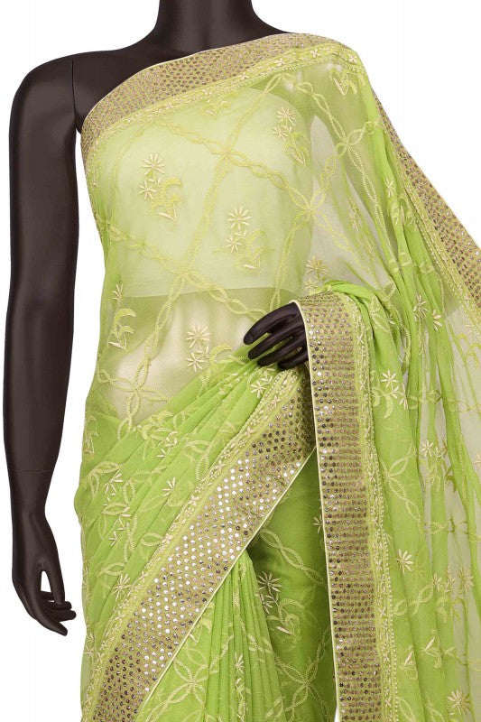 Ada Hand Embroidered Light Green Chiffon Lucknowi Chikankari Saree With Blouse With Muqaish Work- A201402