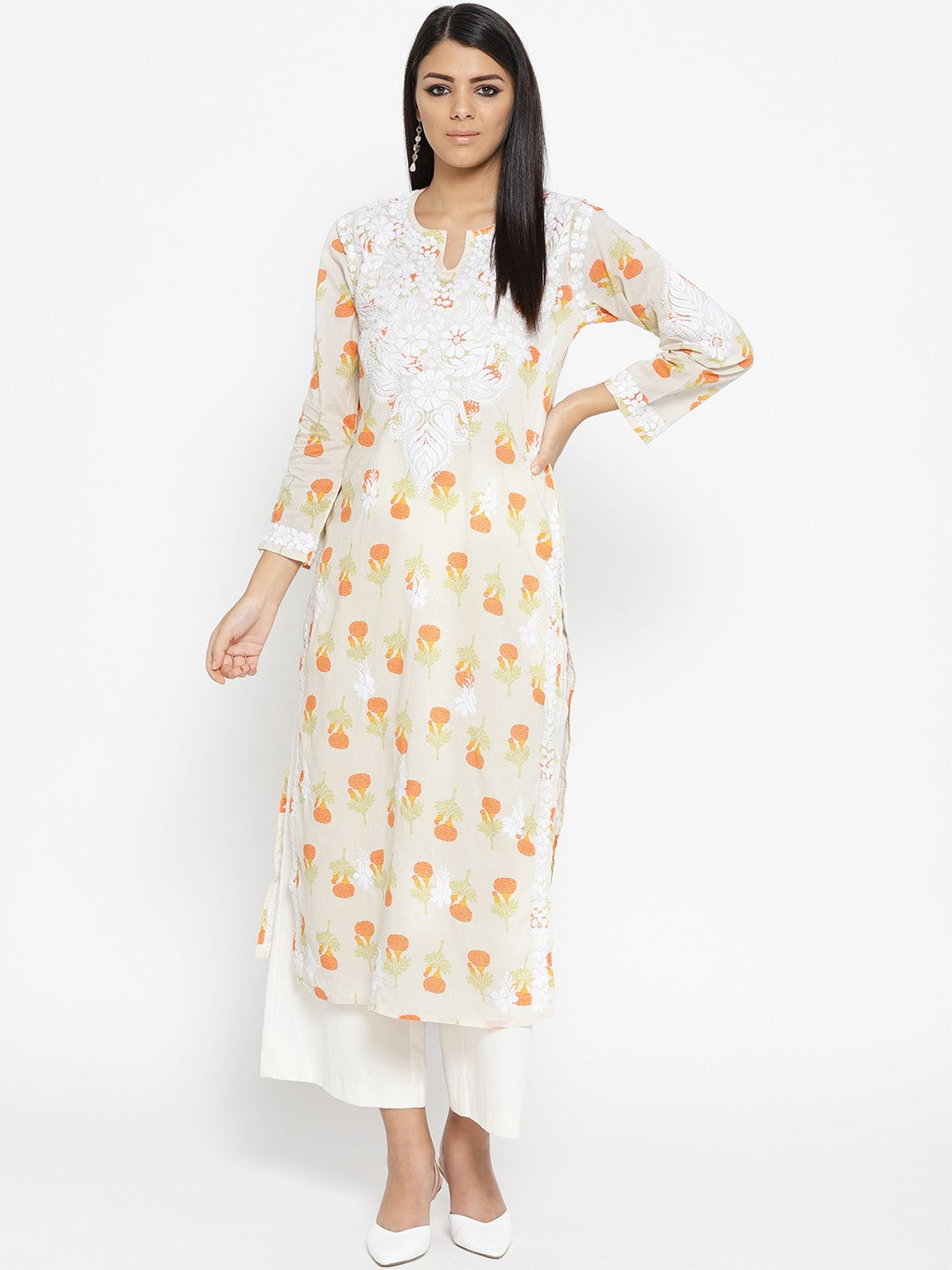 Ada Hand Embroidered Fawn Orange Cotton Lucknow Chikankari Kurta  A100025