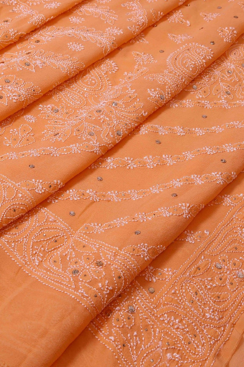 Ada Hand Embroidered Peach Pure Georgette Lucknowi Chikankari Saree/Blouse With Muqaish Work 01A100838