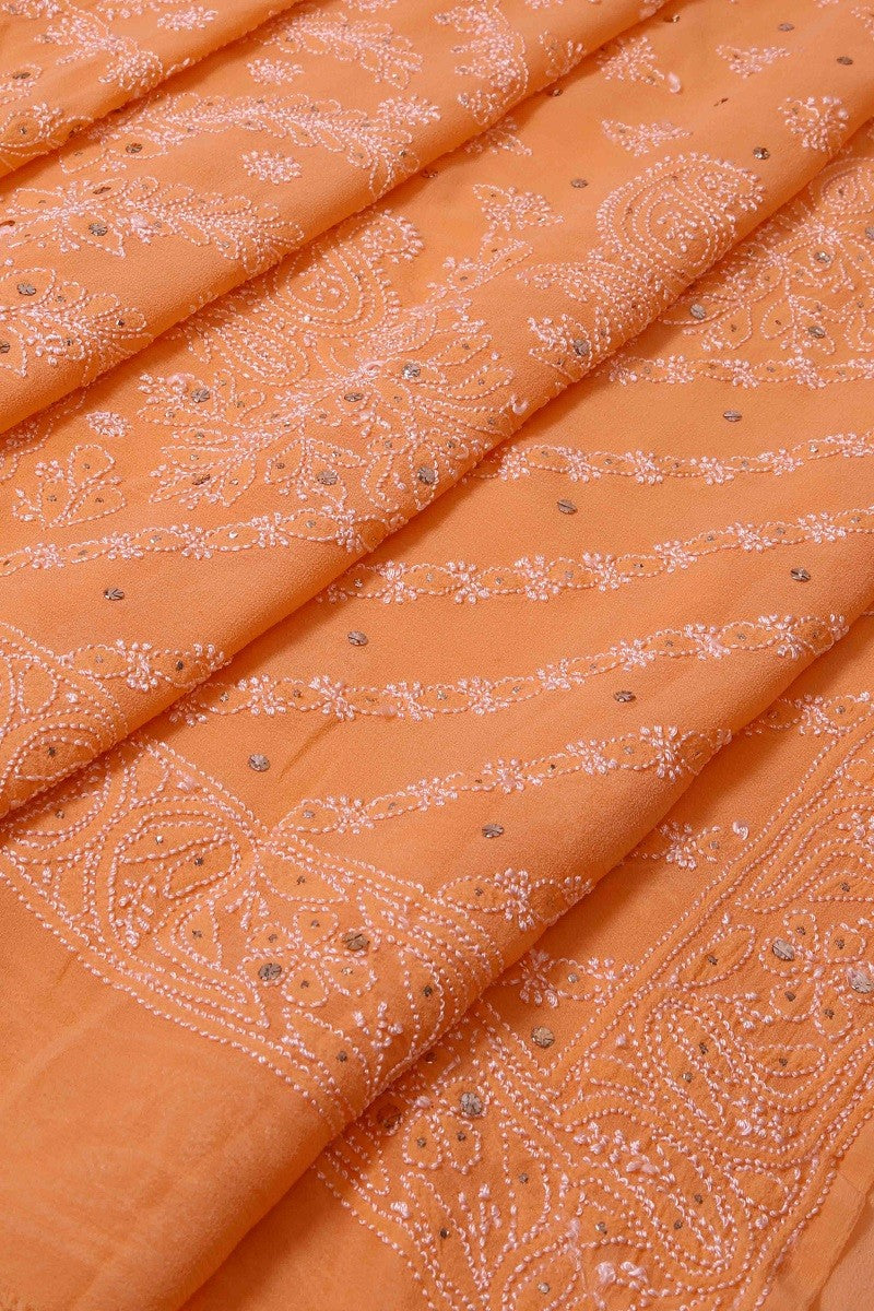 Ada Hand Embroidered Peach Pure Georgette Lucknowi Chikankari Saree/Blouse With Muqaish Work 01A100838
