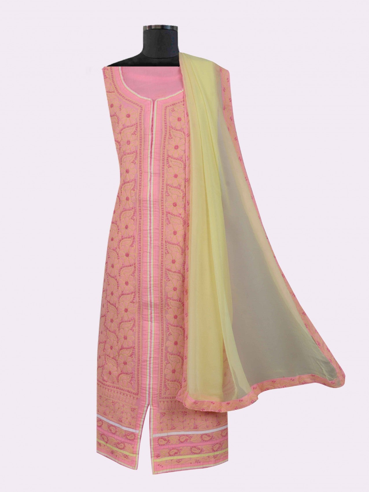 Ada Hand Embroidered Pink Cotton Lucknowi Chikankari Unstitched Suit Piece 01A193487