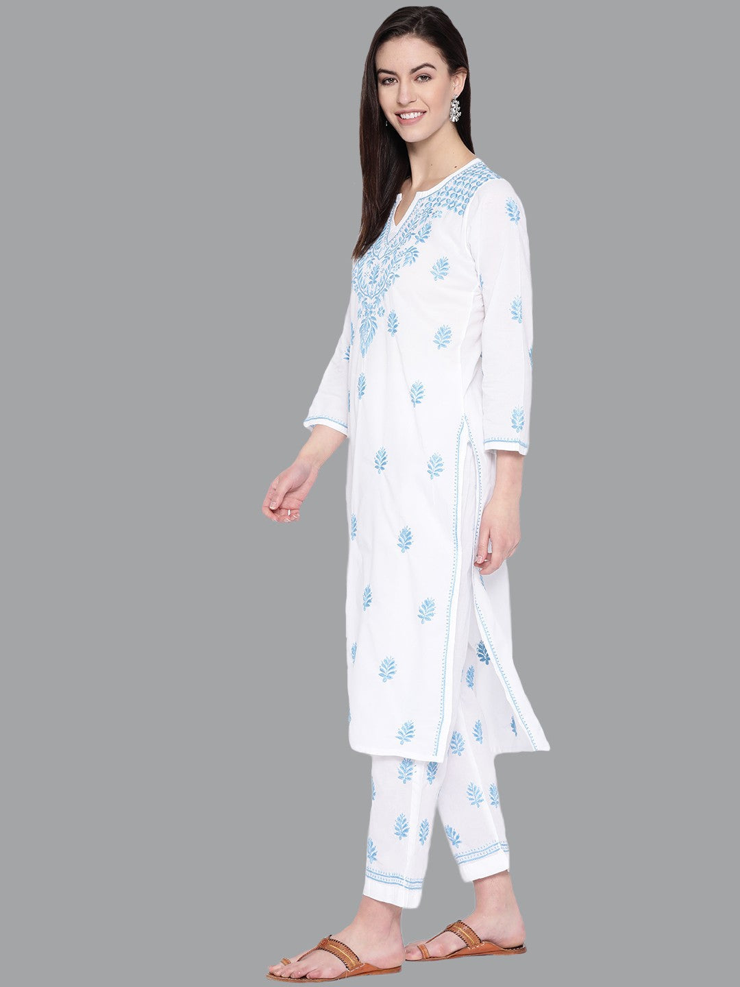 Ada Hand Embroidered White Cotton Lucknow Chikankari Kurta Set A100215