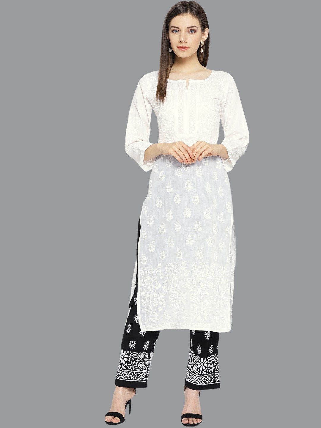 Ada Hand Embroidered White Cotton Lucknowi Chikankari Straight Kurta With Palazzo Set A100015