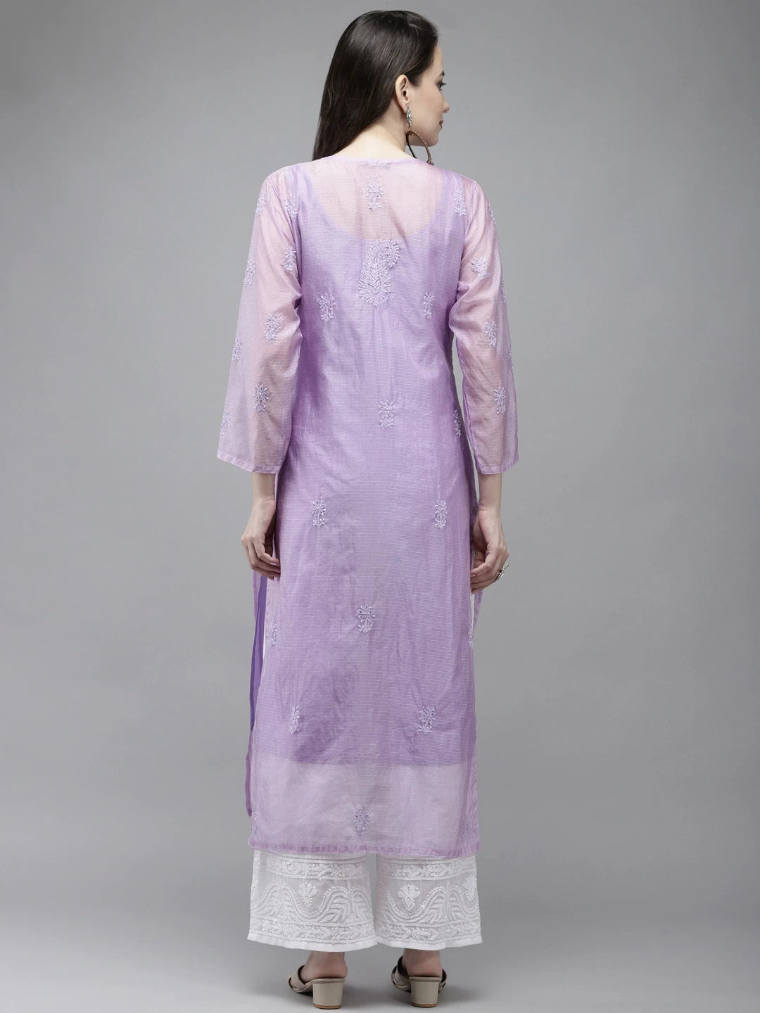 Ada Hand Embroidered Mauve Kota Lucknow Chikankari Kurta/Slip With Muqaish Work-A411290