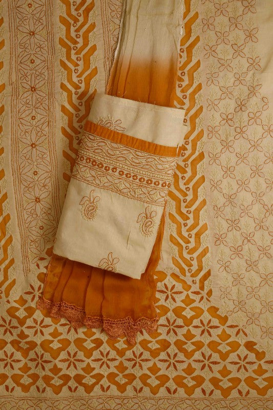 Ada Hand Embroidered Fawn Cotton Chikan Unstitched Suit Piece With Muqaish Work A619250