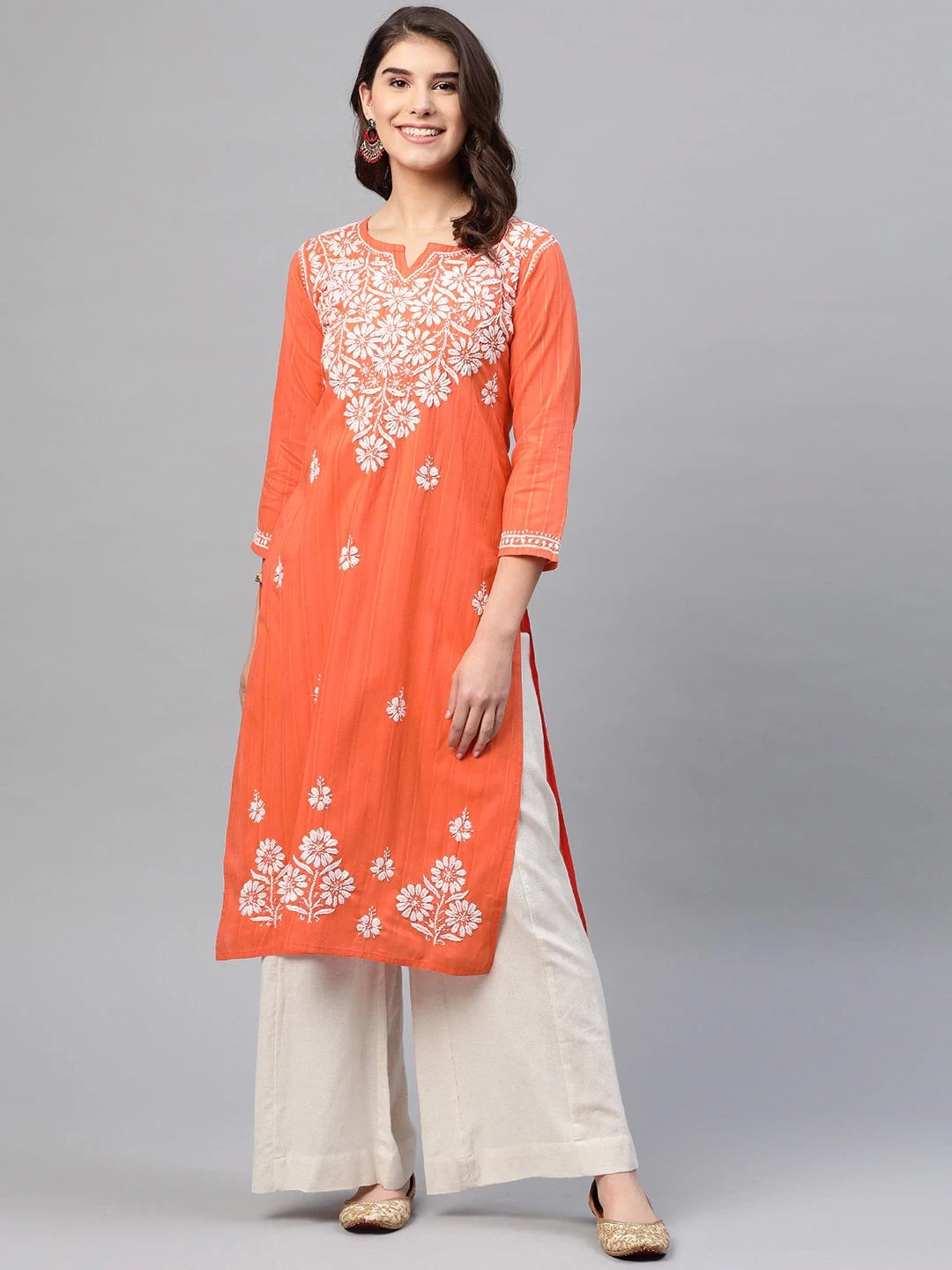 Ada Hand Embroidered Coral Orange Cotton Lucknow Chikankari Kurta A411167