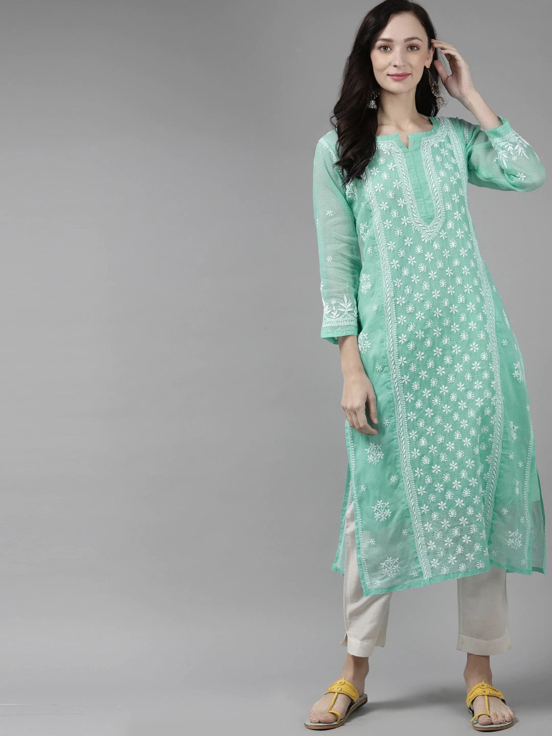 Ada Hand Embroidered Sea Green Kota Lucknow Chikankari Kurta With Slip- A411310