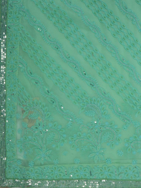 Ada Hand Embroidered Mint Green Georgette Lucknowi Chikankari Saree/Blouse With Pearl Work 01A138520
