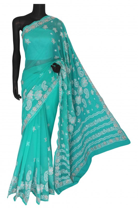 Ada Hand Embroidered Turquoise Blue Georgette Lucknowi Chikankari Saree/Blouse With Gota Patti Work A567451