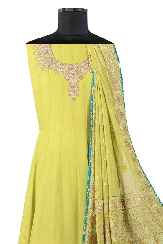 Ada Hand Embroidered Sheen Green Pure Georgette Lucknowi Chikankari Semi-Stitched Anarkali Kurta Dupatta Set With Zardosi Work A192509