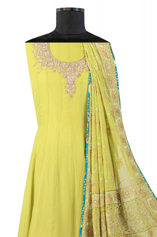 Ada Hand Embroidered Sheen Green Pure Georgette Lucknowi Chikankari Semi-Stitched Anarkali Kurta Dupatta Set With Zardosi Work A192509