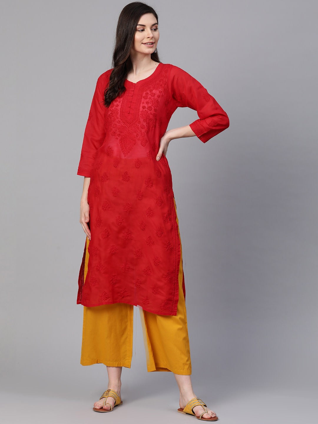 Ada Hand Embroidered Red Cotton Lucknowi Chikankari Straight Kurta A100362