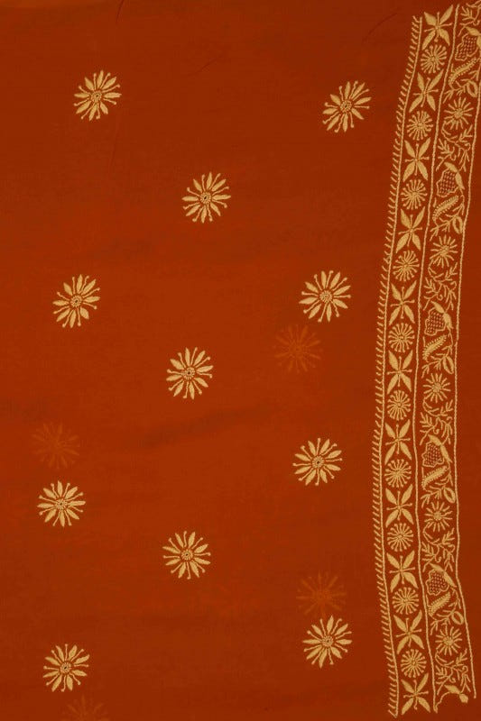 Ada Hand Embroidered Rust Pure Georgette Lucknowi Chikan Unstitched Kurta Dupatta Set A480978