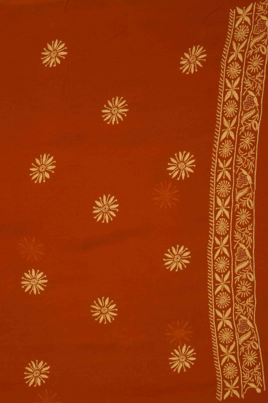 Ada Hand Embroidered Rust Pure Georgette Lucknowi Chikan Unstitched Kurta Dupatta Set A480978