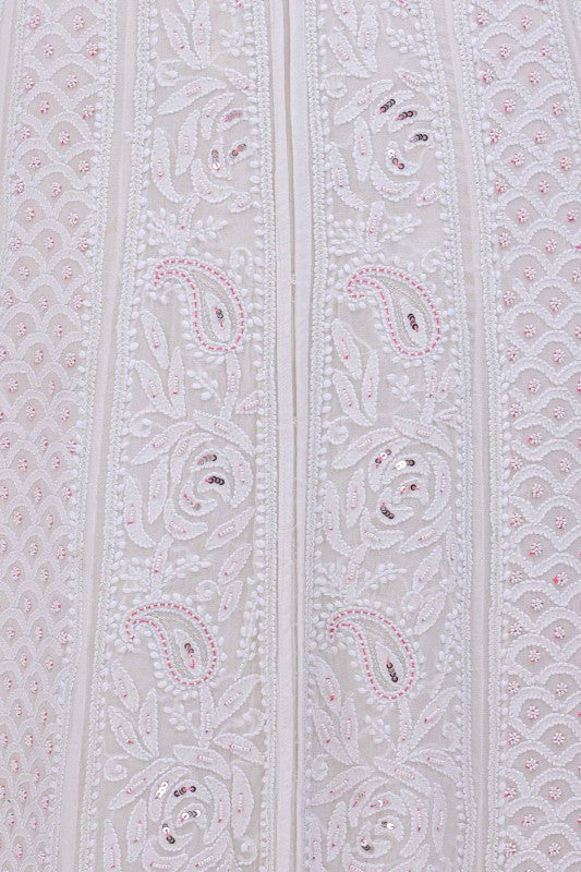 Ada Hand Embroidered White Pure Georgette Lucknowi Chikankari Semi-stitched Anarkali Kurta Dupatta Set With Sequinned & Pearl Work- A623655