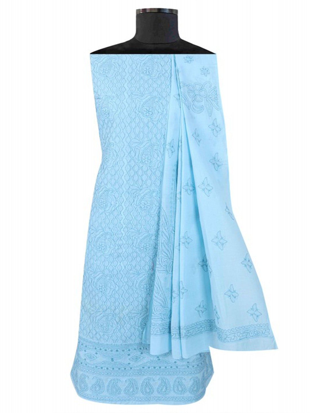 Ada Hand Embroidered Sky Blue Cotton Lucknowi Chikankari Unstitched Suit Piece A292559