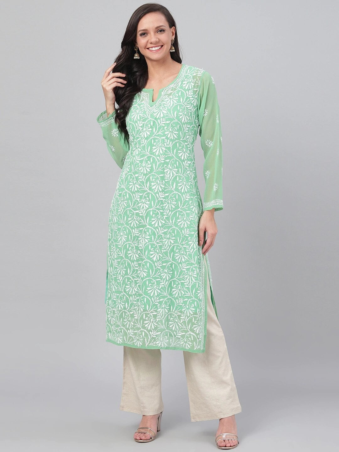 Ada Hand Embroidered Green Georgette Lucknowi Chikankari Straight Kurta with Slip A229644