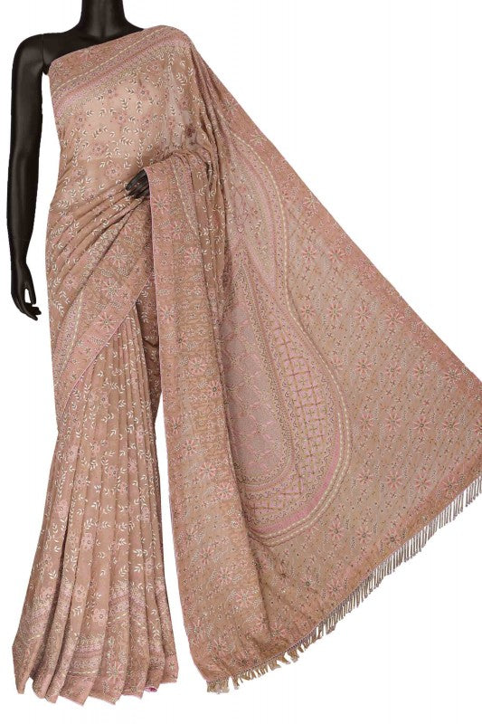 Ada Hand Embroidered Dusty Pink/ Onion Pink Pure Georgette Lucknowi Chikankari Saree/Blouse With Sequinned & Pearl Work- A49688