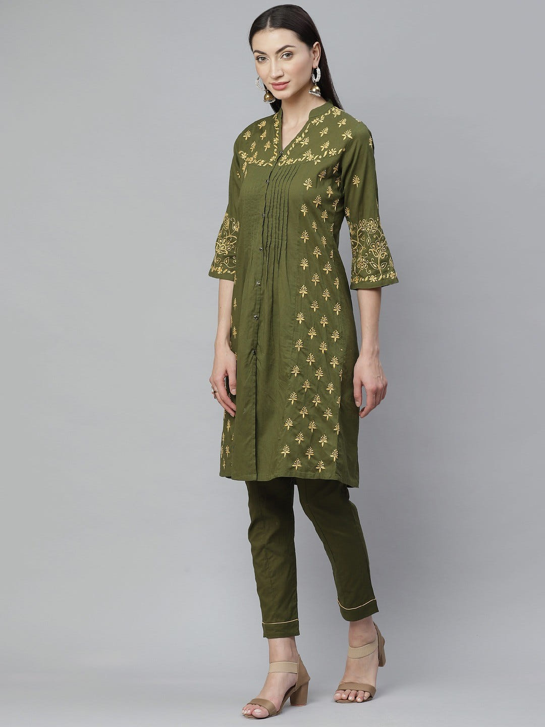 Ada Hand Embroidered Olive Green Cotton Lucknowi Chikankari Straight Kurta With Trouser Set A811134