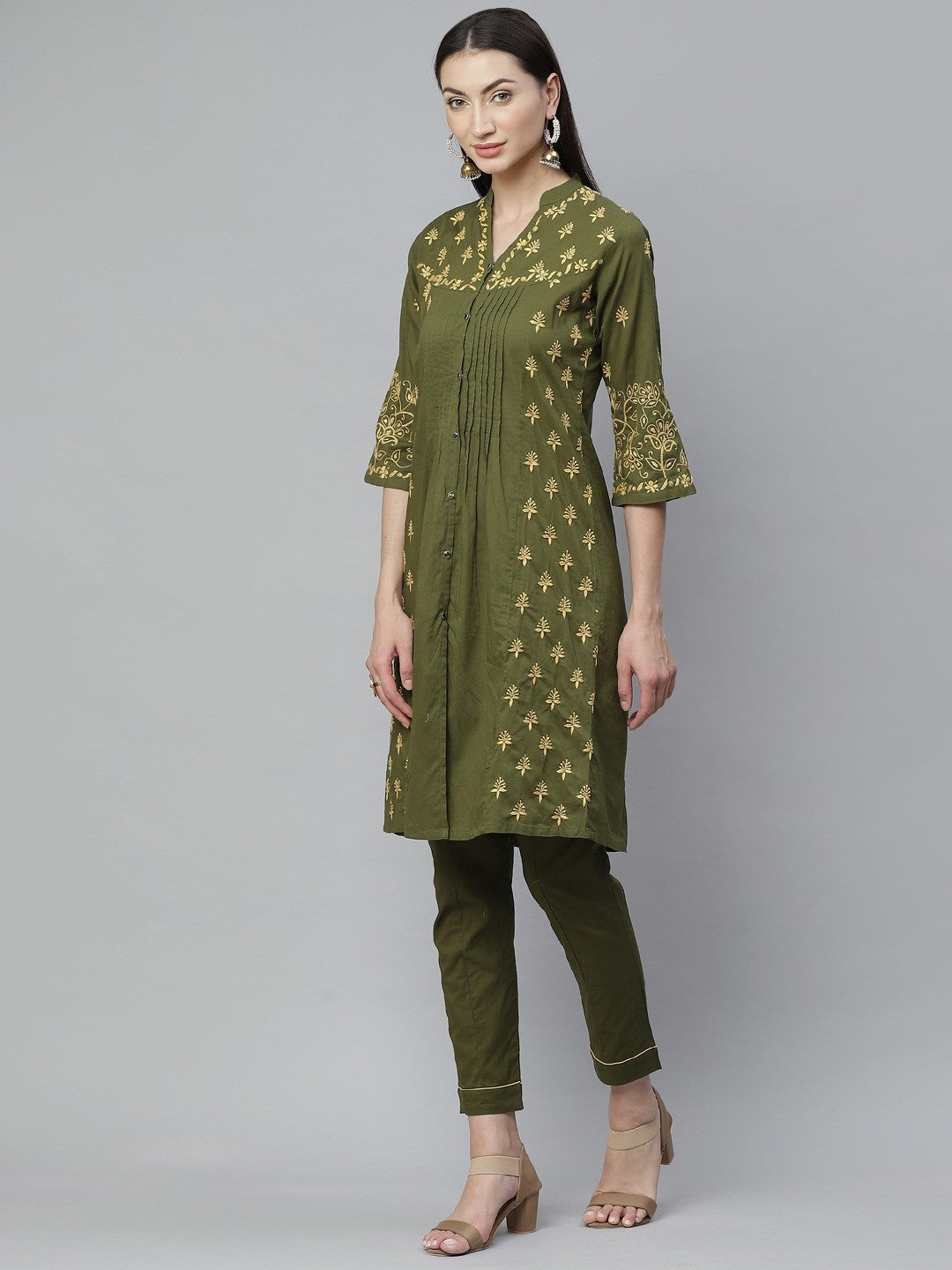 Ada Hand Embroidered Olive Green Cotton Lucknowi Chikankari Straight Kurta With Trouser Set A811134