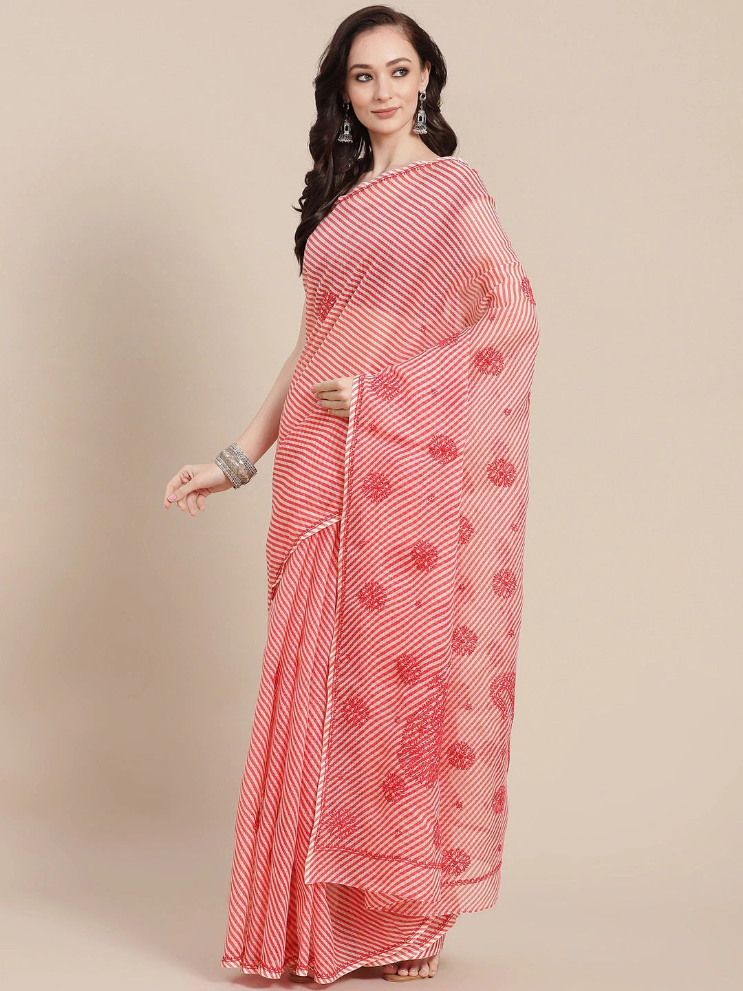 Ada Hand Embroidered Carrot Pink Kota Lucknow Chikan Saree With Blouse A311353